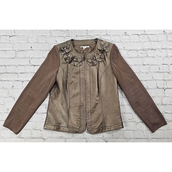 Peter Nygard Leather Jacket Knit Sleeves Brown WOMENS SIZE MEDIUM - Picture 1 of 9